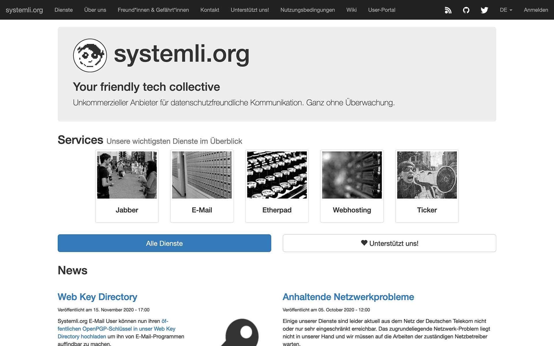 Screenshot of the systemli.org website from 2020