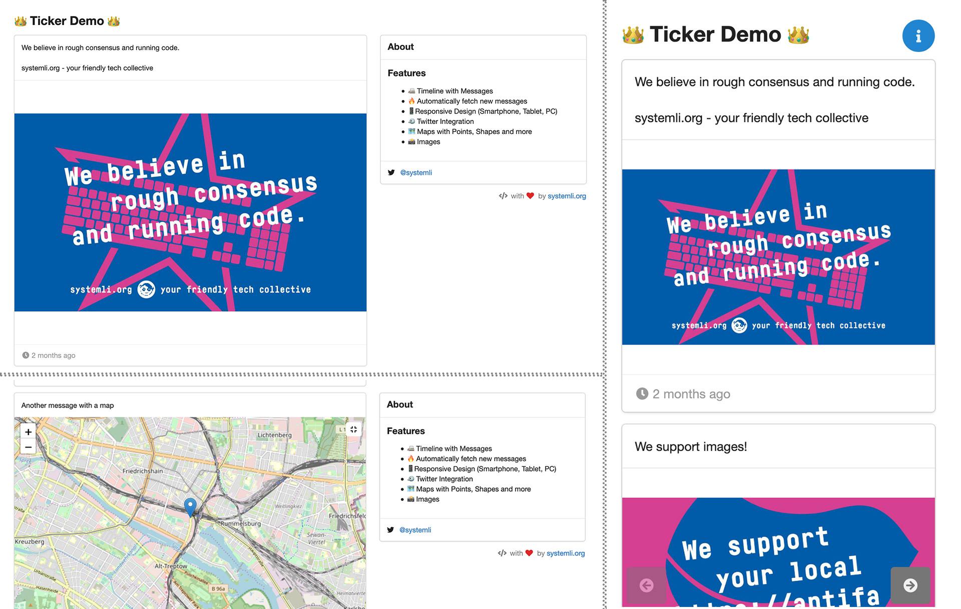 Ticker frontend in browser (left) and smartphone (right)